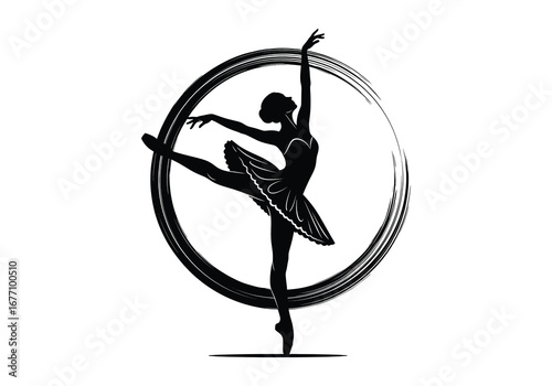 Elegant ballerina silhouette performing graceful ballet pose within a textured circular frame