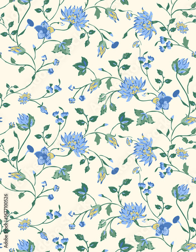 Tableau sur toile Blue  jacobean floral watercolor textured connecting floral print pattern