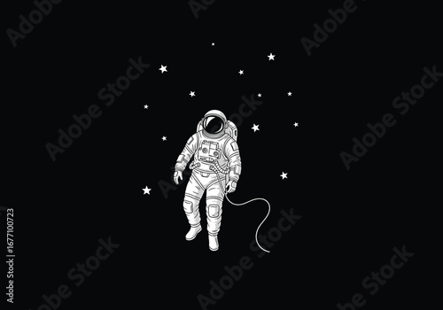Astronaut floating among stars and celestial bodies in deep space exploration art