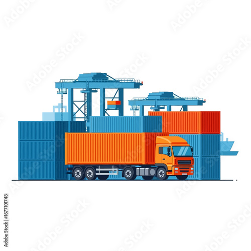 Global logistics illustration cargo truck with container at port terminal. Stacked shipping containers and cranes depict efficient freight transport and supply chain management