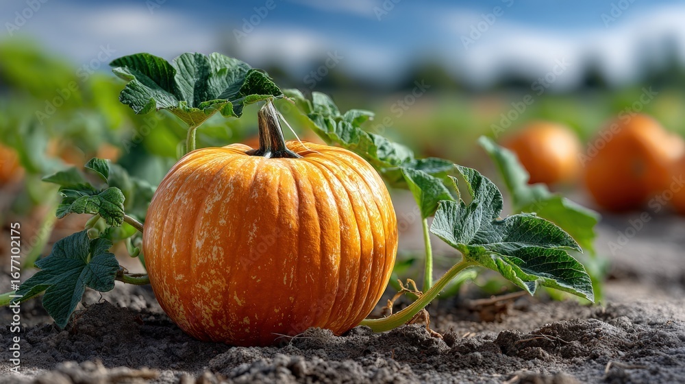 Obraz premium A vibrant orange pumpkin rests amidst lush green foliage in a sunlit field.
