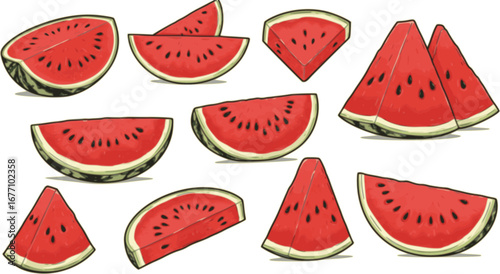 set of Watermelon sliced ripe icon, vector isolated melon symbol set isolated on white background. Transparent background PNG, cutout	
