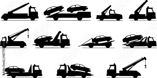 set of Tow truck, Car towing vector icon set isolated on white. Car evacuation sign. Transparent background PNG, cutout	
