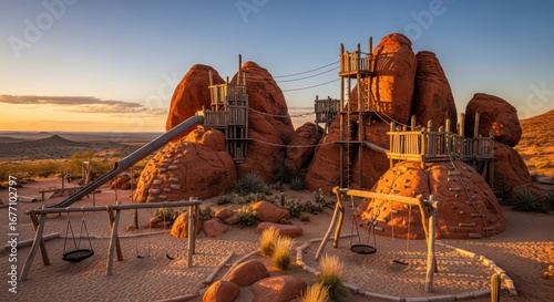 Unique Desert Playground: Red Rocks, Wooden Structures, and Sunset Glow in Arizona