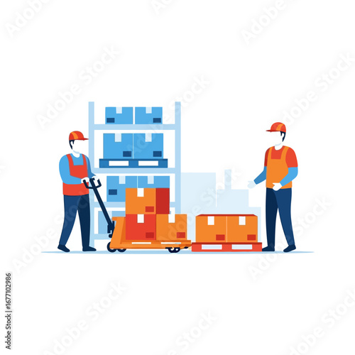 Vector illustration of warehouse workers managing inventory and packages with a pallet jack for efficient logistics and distribution