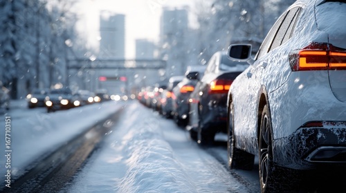 Fototapeta Naklejka Na Ścianę i Meble -  A wintry city street scene showcases a line of cars covered in snow, creating a tranquil and serene winter day.