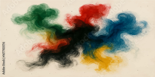 An abstract, vintage watercolor design of a fiery sky with a colorful explosion of smoke and paint textures