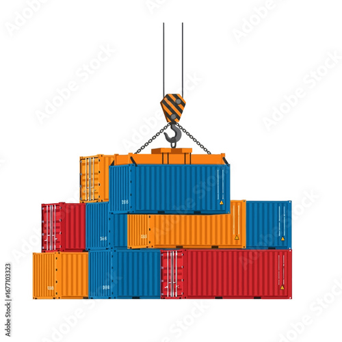 Vector illustration of a port crane lifting a cargo container. Concept for shipping, freight distribution, and global logistics industry