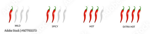 Spicy level labels. Spicy and hot chili spicy meter. Red spicy chili peppers. Vector