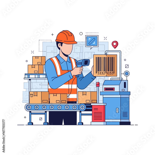Modern warehouse management system concept with an operator using a barcode reader on a conveyor belt for supply chain logistics