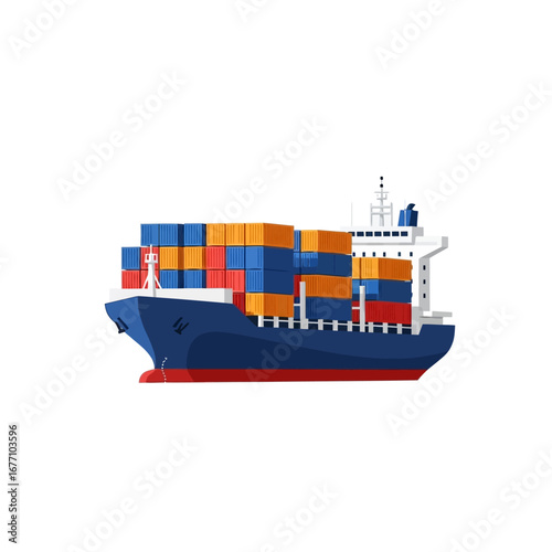 A large container ship loaded with cargo sails across the ocean, representing global trade and logistics