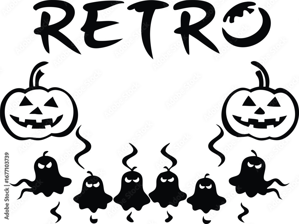 Fototapeta premium Retro Halloween Design with Pumpkins, Ghosts, and Spooky Typography