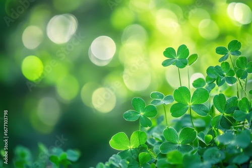 Vibrant green cloverleaf plants bathed in soft sunlight with bokeh blur background