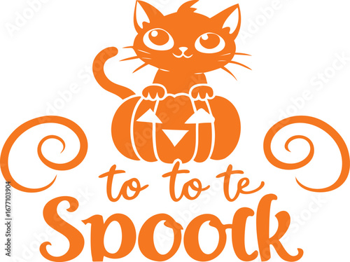 Adorable Halloween Cat with Pumpkin Jack-o’-Lantern and “Spook” Lettering