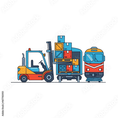 Industrial scene depicting a forklift loading stacked cardboard boxes and packages onto a railway freight car for global logistics and cargo shipping