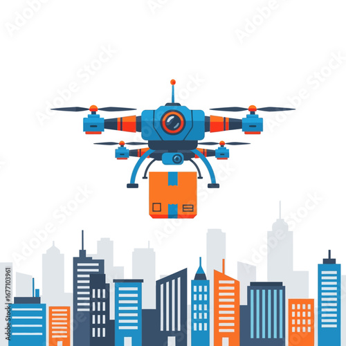 Quadcopter drone carrying a cardboard box package over a city skyline. Modern autonomous aerial delivery and logistics technology vector