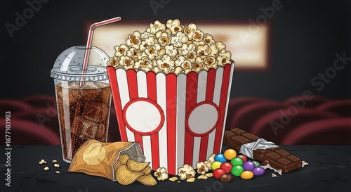 Movie snacks popcorn soda chips chocolate and candies sit ready in a theater setting