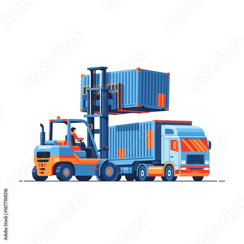 Logistics and freight transportation concept showing a forklift vehicle loading a large shipping container onto a semi-truck for delivery