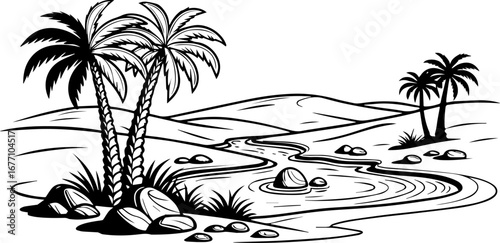 Palm Trees by a Stream in a Desert Landscape, Black and White Engraving Style