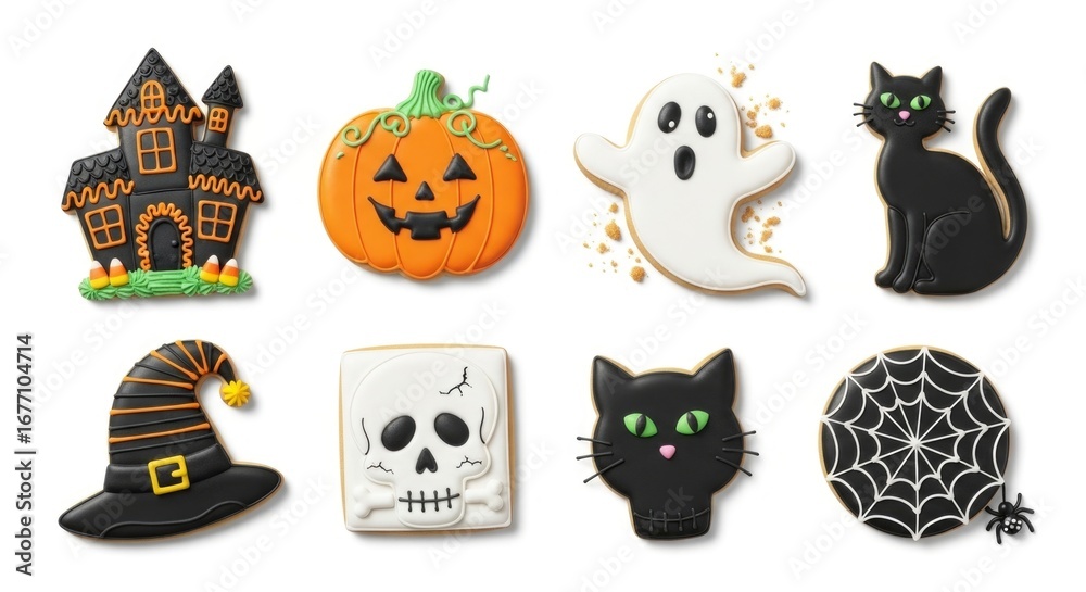 Naklejka premium Halloween cookies haunted house pumpkin ghost black cats witch hat skull spiderweb arranged in two rows