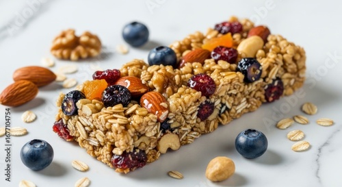 Granola bar adorned with nuts berries on marble surface amid scattered oats