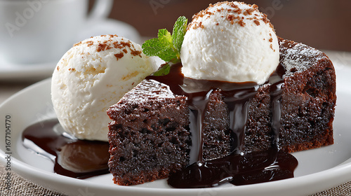 slice of rich chocolate cake with a scoop of vanilla ice cream and a topped coffee