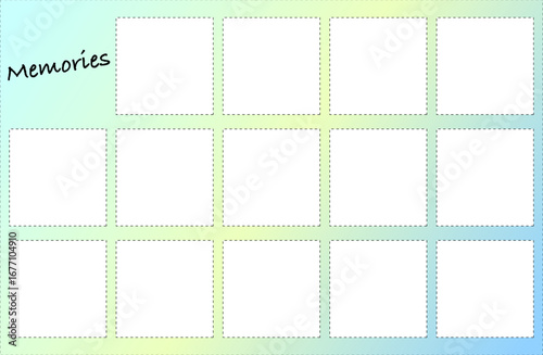 シンプル正方形フォトフレームmemory 写真入れ可能 グラデーション背景 ライトブルー・イエローグリーン・ブルー〜Simple square photo frame "memory" with photo-compatible gradient background in light blue, yellow-green, and blue.〜