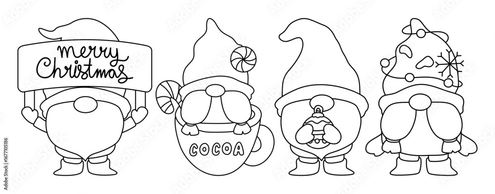 Fototapeta premium A set of outlined Christmas gnomes for a coloring page. Includes gnomes with a gift and festive ornaments.