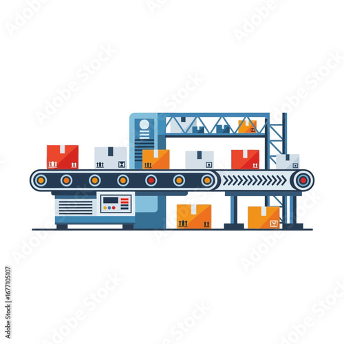 Industrial automation concept with a factory conveyor belt rapidly processing and sorting cardboard packages for shipping and logistics