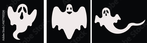Art & IllustrationCute ghost creation kit icon set.Halloween spooky monsters, scary spirit or poltergeists flying at night.cute ghost creation kit, changeable face, flat design vector.sticker, clipart