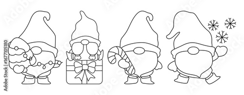 A set of outlined Christmas gnomes for a coloring page. Includes gnomes with a gift, a candy cane, and a string of lights.