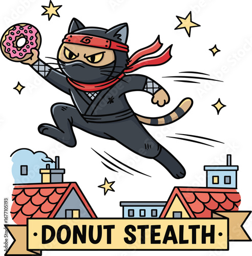 Cartoon ninja cat leaping over rooftops with donut, red scarf and stars, bold “Donut Stealth” text adds playful action humor