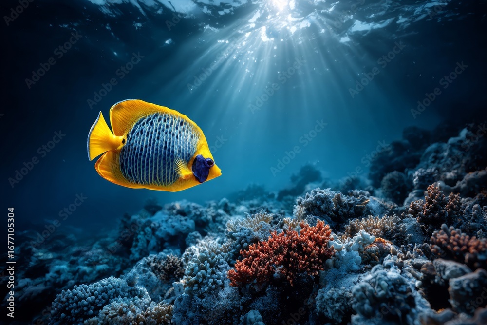 Fototapeta premium A vibrant yellow and blue angelfish glides through a sunlit coral reef, with rays of light piercing the ocean surface. Stunning underwater scene showcasing marine life and tropical beauty.