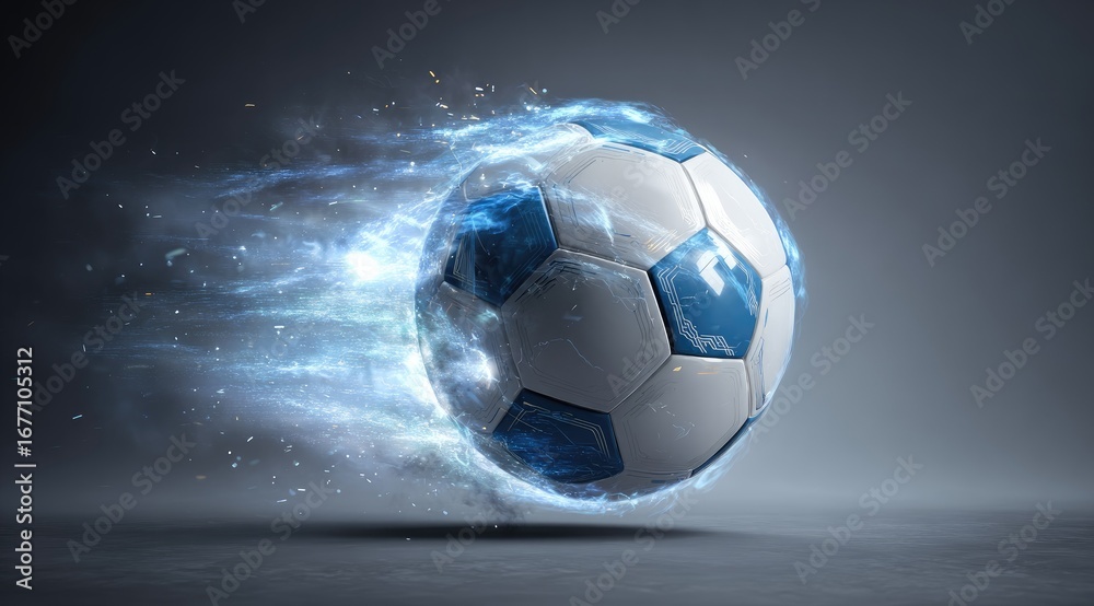 Fototapeta premium A soccer ball, glowing with streaks of blue energy, in motion