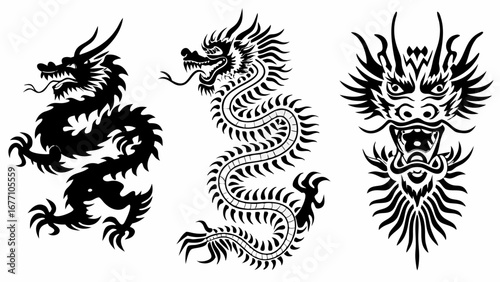 Three different black and white dragon illustrations in varying styles and orientations shown together silhouette