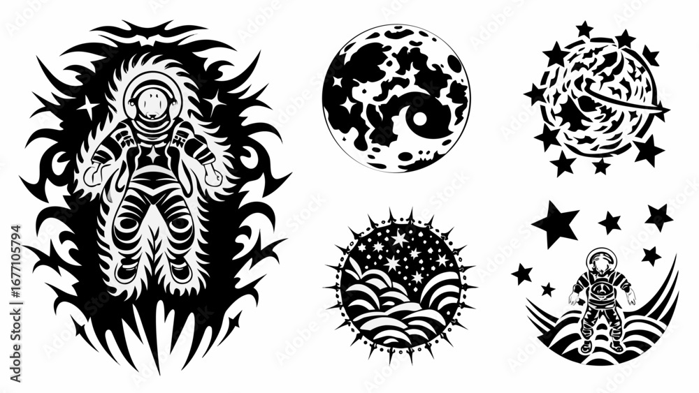 Obraz premium Illustrations of astronauts planets and stars in black and white with abstract designs and cosmic themes art 100 silhouette