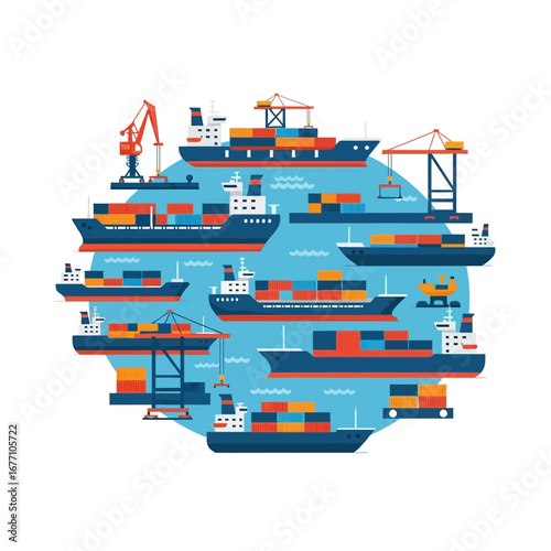 Shipping Logistics and Transportation A Circle of Cargo Ships, Cranes, and Containers
