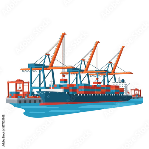 Industrial maritime port with a large container ship being loaded by gantry cranes. A vector concept for global logistics and freight transport
