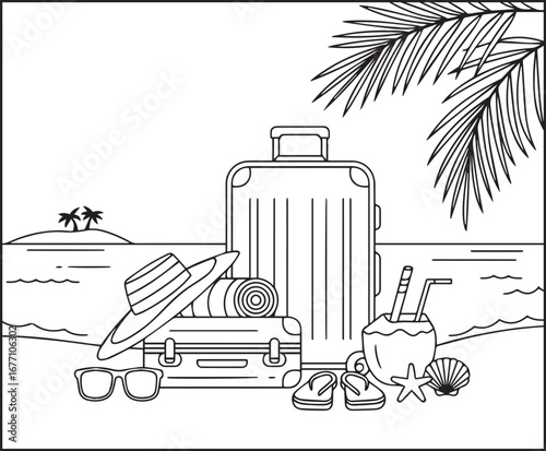 Summer vacation with beautiful beach scenery vector outline coloring page for kids and adults 