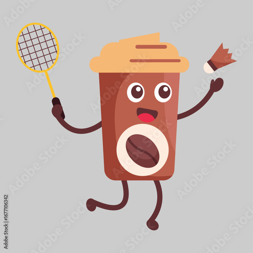 Playful Coffee Cup Mascot Playing Badminton Illustration, Funny cartoon character.