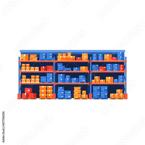 Vector illustration of a warehouse storage rack with organized cardboard boxes, a concept for inventory management and automated logistics systems