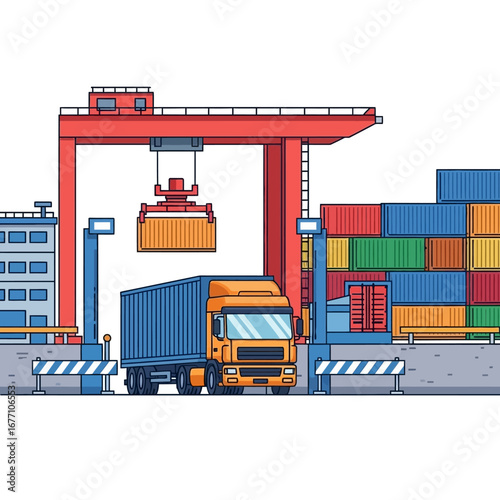 Supply chain logistics concept illustrating automated freight handling at a shipping port with a gantry crane loading a container onto a truck