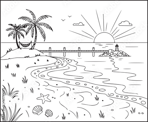 Hello summer with beautiful beach scenery vector outline coloring page for kids and adults 