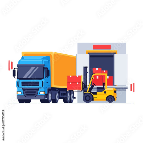 Vector illustration of a forklift loading cargo boxes onto a delivery truck at a warehouse dock, symbolizing efficient supply chain management and freight transportation