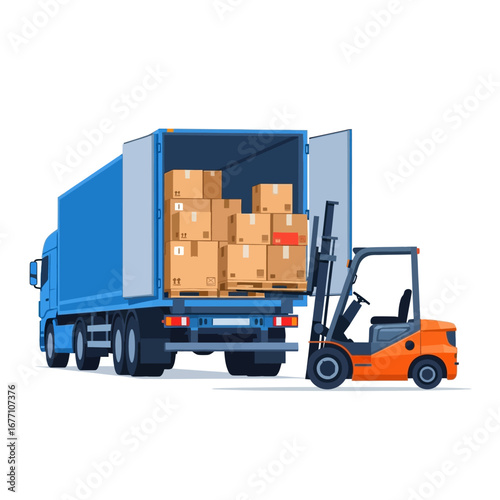 Unloading truck with forklift: boxes, delivery, logistics, transportation.