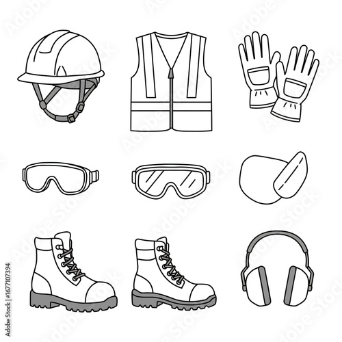 A detailed line art illustration of essential personal protective equipment, featuring hard hats, vests, gloves, goggles, and boots for workplace safety.