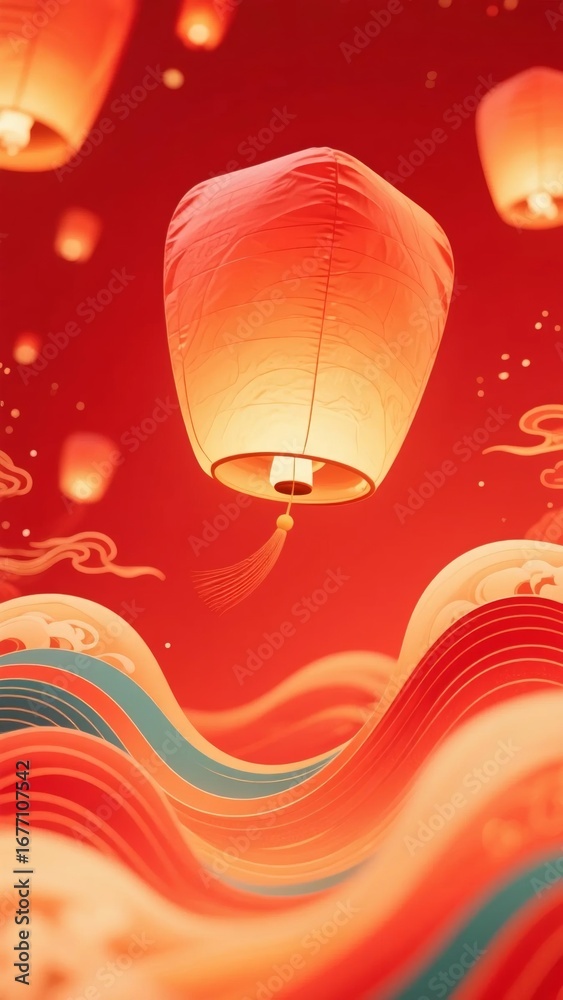 Obraz premium Red lantern floating in the sky