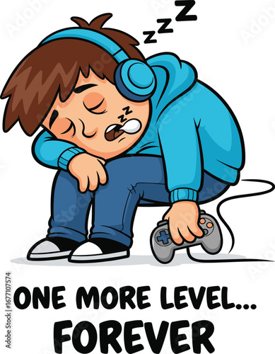 Funny cartoon gamer asleep with controller and headphones, one more level quote illustration for stickers, shirts, posters, and bundles