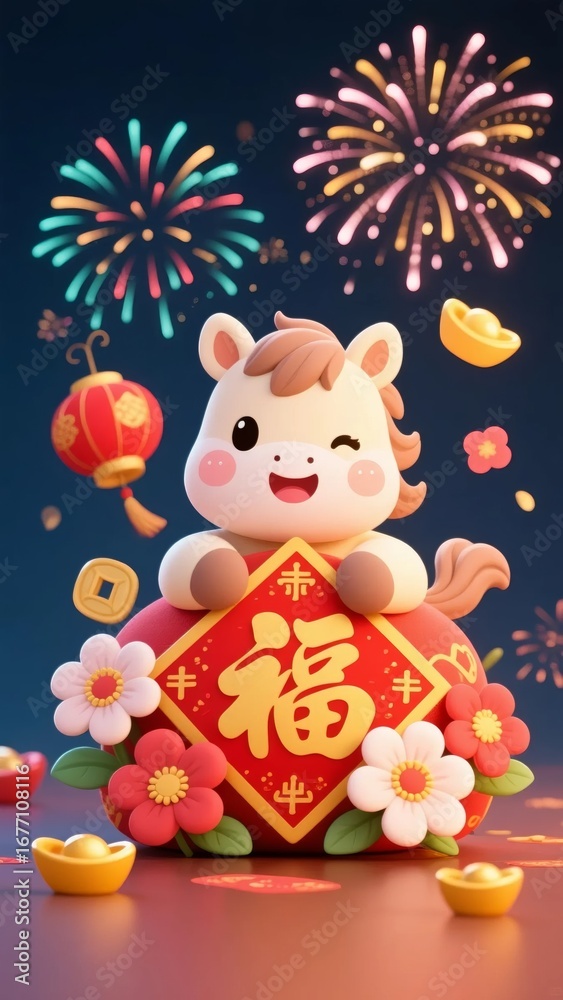 Naklejka premium Cute horse with fireworks and flowers