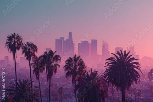 Sunrise city skyline, hazy, palm trees